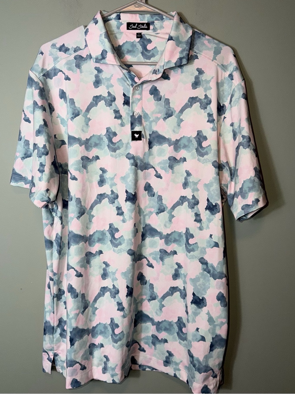 Bad Birdie Men’s Mirage Oasis Polo pink, white blue watercolor camouflage Large